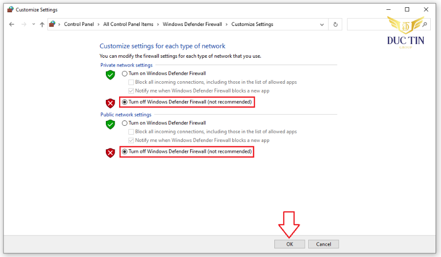 Tích chọn Turn off Windows Defender Firewall ở cả hai tùy chọn